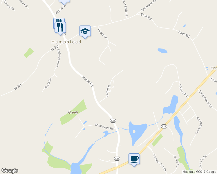 map of restaurants, bars, coffee shops, grocery stores, and more near 11 Larson Drive in Hampstead