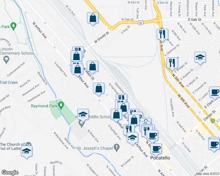 map of restaurants, bars, coffee shops, grocery stores, and more near 1015 North Harrison Avenue in Pocatello