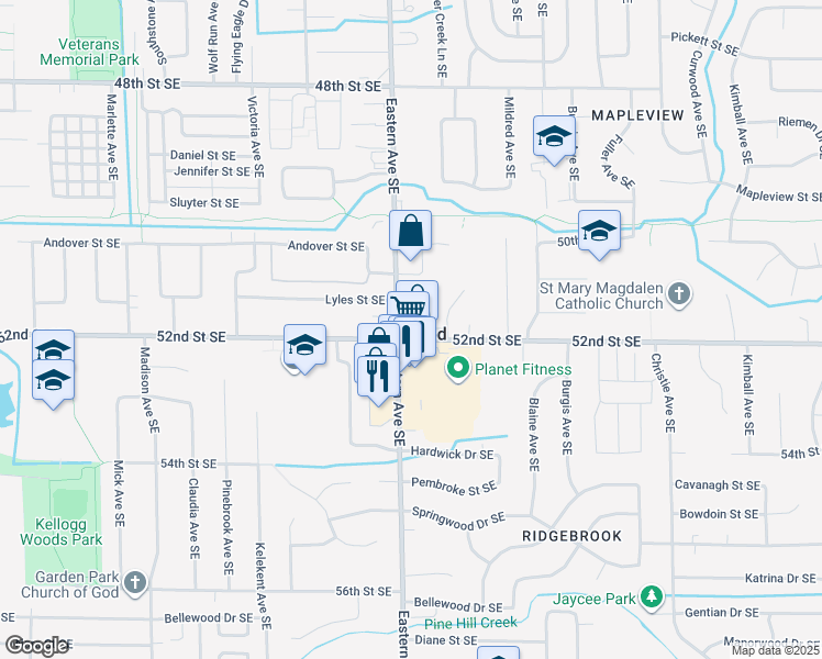 map of restaurants, bars, coffee shops, grocery stores, and more near 815 52nd Street Southeast in Kentwood