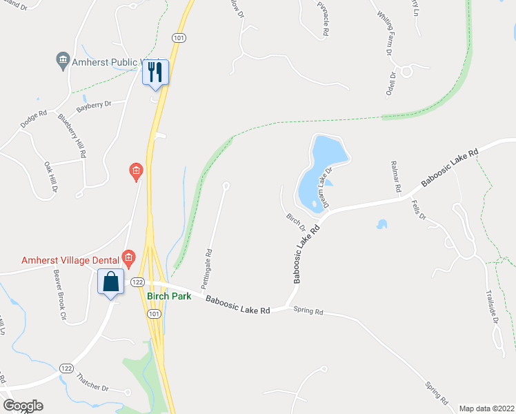 map of restaurants, bars, coffee shops, grocery stores, and more near 10 Birch Drive in Amherst