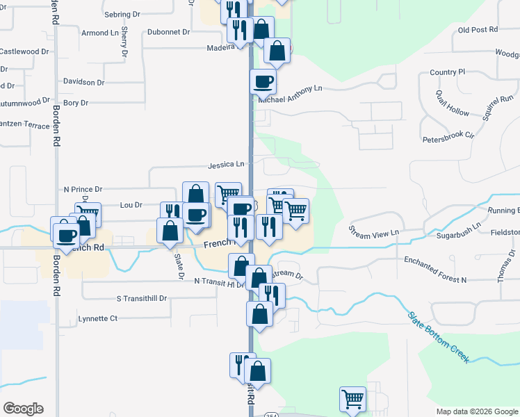 map of restaurants, bars, coffee shops, grocery stores, and more near 4805 Transit Road in Depew