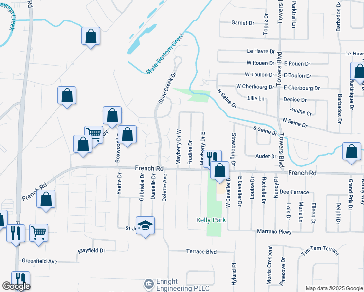 map of restaurants, bars, coffee shops, grocery stores, and more near 48 Fradine Drive in Buffalo