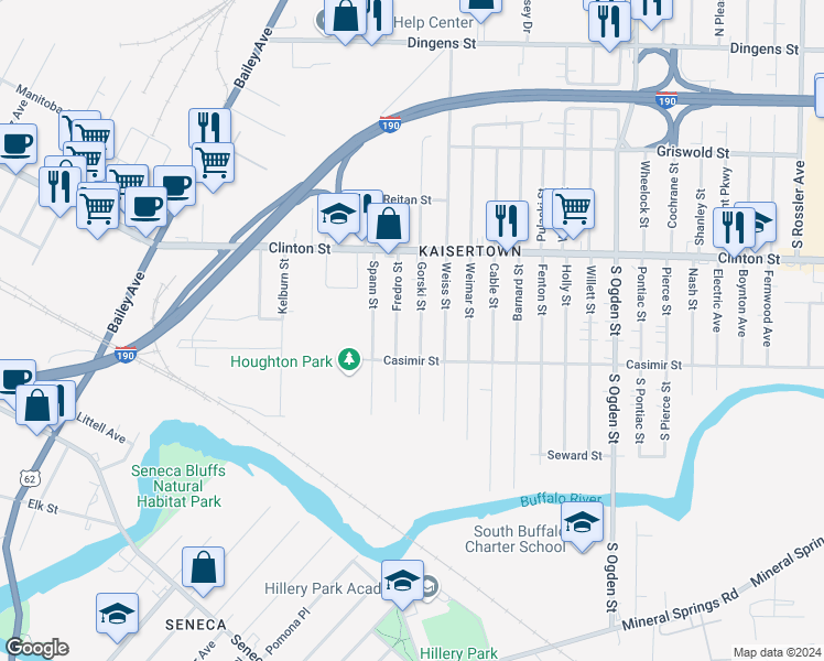 map of restaurants, bars, coffee shops, grocery stores, and more near 112 Gorski Street in Buffalo