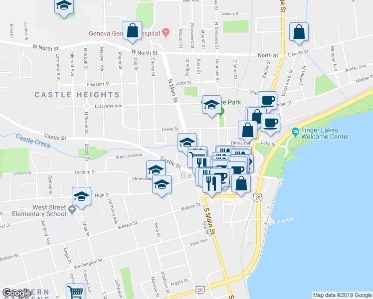 map of restaurants, bars, coffee shops, grocery stores, and more near 184 North Main Street in Geneva