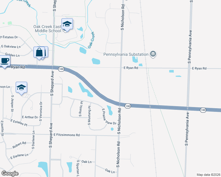 map of restaurants, bars, coffee shops, grocery stores, and more near 9601 South Nicholson Road in Oak Creek