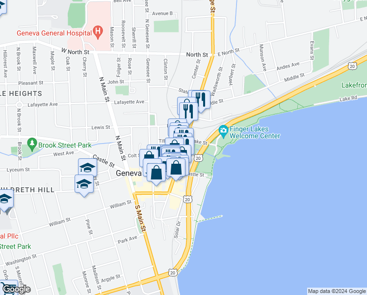 map of restaurants, bars, coffee shops, grocery stores, and more near 365 North Route 14 in Geneva