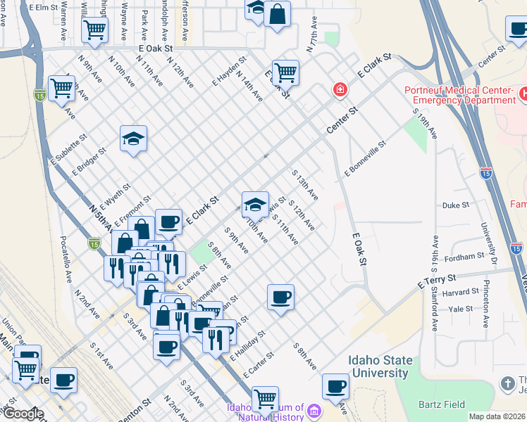map of restaurants, bars, coffee shops, grocery stores, and more near 159 South 11th Avenue in Pocatello