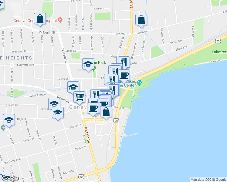 map of restaurants, bars, coffee shops, grocery stores, and more near 370 Exchange Street in Geneva