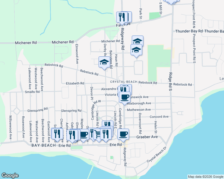 map of restaurants, bars, coffee shops, grocery stores, and more near 3913 Alexandra Road in Fort Erie