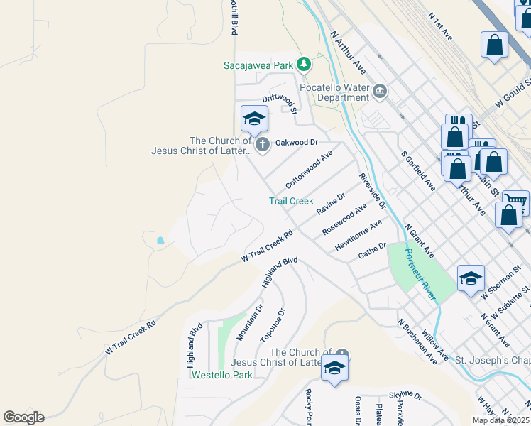 map of restaurants, bars, coffee shops, grocery stores, and more near 1850 Magellan Loop in Pocatello