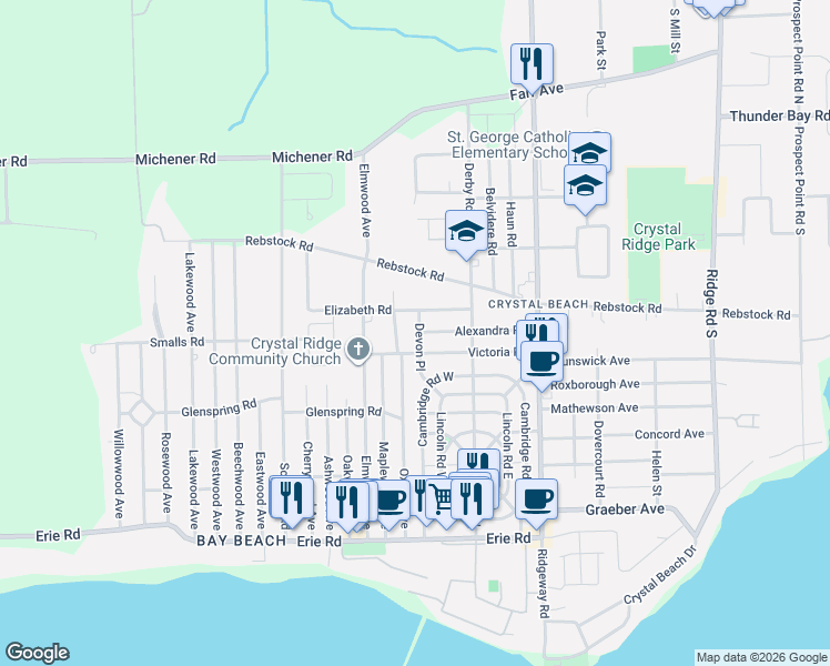 map of restaurants, bars, coffee shops, grocery stores, and more near 215 Devon Place in Fort Erie