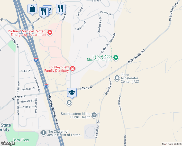 map of restaurants, bars, coffee shops, grocery stores, and more near 2475 Birdie Thompson Drive in Pocatello