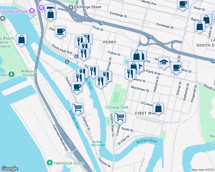 map of restaurants, bars, coffee shops, grocery stores, and more near 71 Chicago Street in Buffalo