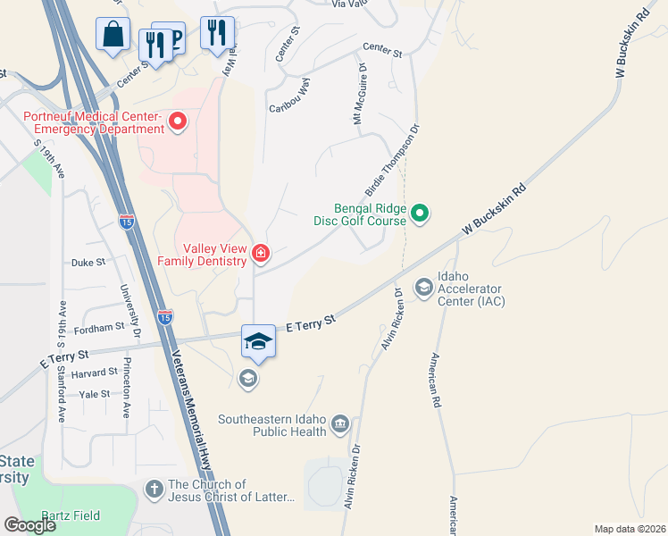 map of restaurants, bars, coffee shops, grocery stores, and more near 2475 Birdie Thompson Drive in Pocatello