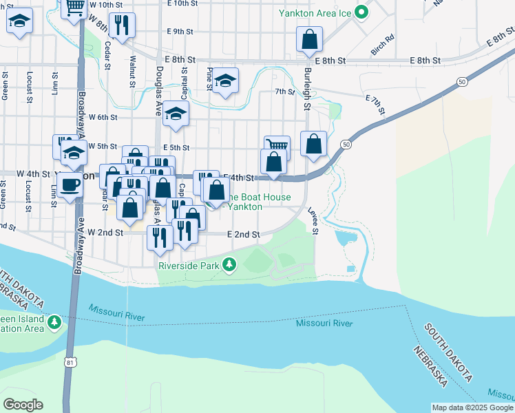 map of restaurants, bars, coffee shops, grocery stores, and more near 301 Pearl Street in Yankton