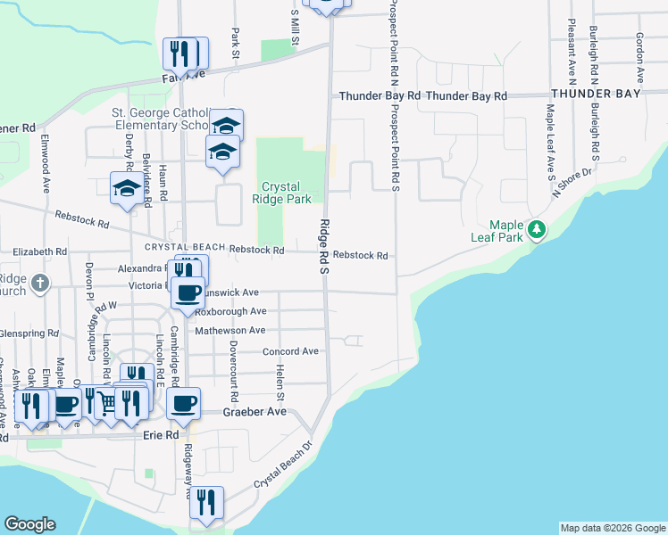 map of restaurants, bars, coffee shops, grocery stores, and more near 3677 Rebstock Road in Fort Erie
