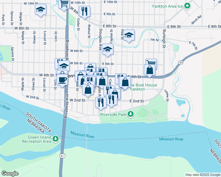 map of restaurants, bars, coffee shops, grocery stores, and more near in Yankton