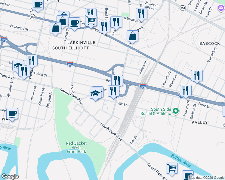 map of restaurants, bars, coffee shops, grocery stores, and more near 674 Fulton Street in Buffalo