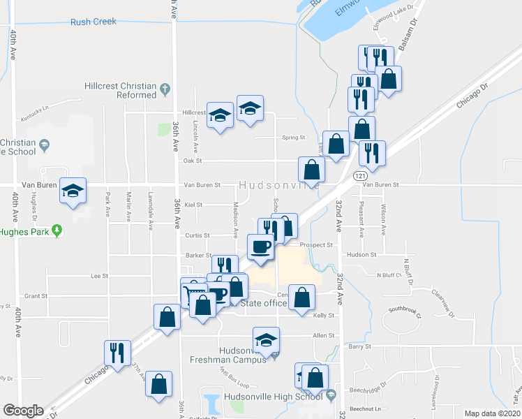 map of restaurants, bars, coffee shops, grocery stores, and more near 5535 School Avenue in Hudsonville