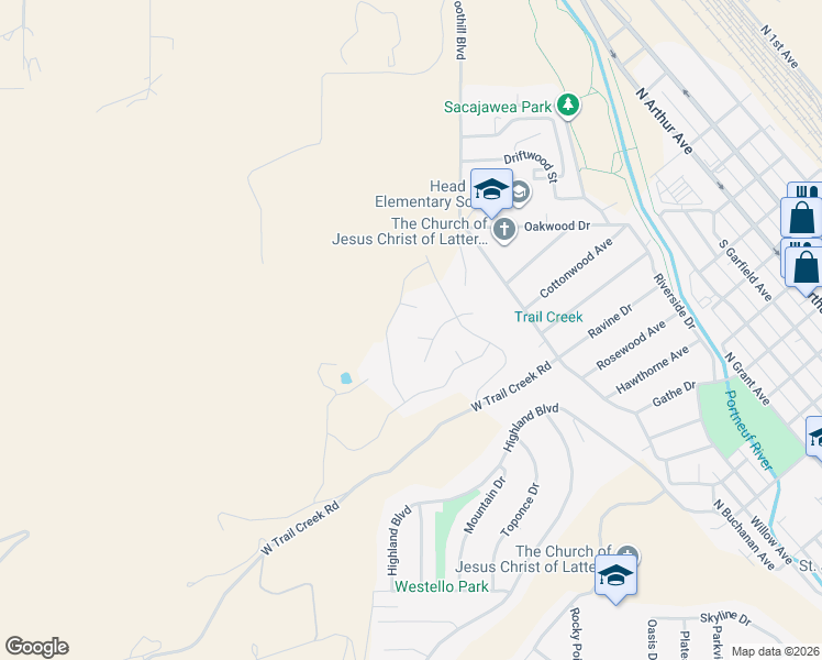 map of restaurants, bars, coffee shops, grocery stores, and more near 1402 De Salle Court in Pocatello