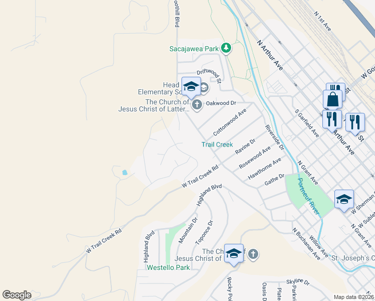 map of restaurants, bars, coffee shops, grocery stores, and more near 1936 Magellan Loop in Pocatello