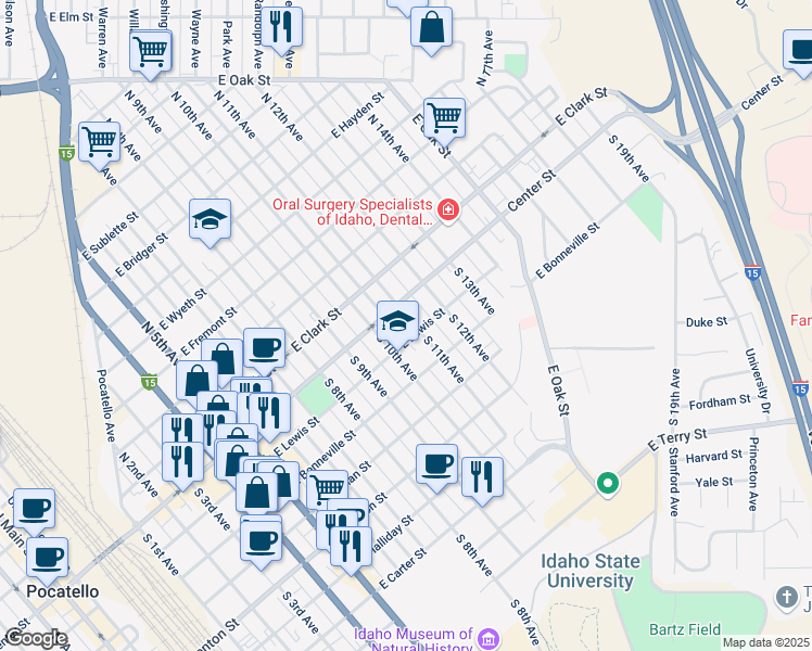 map of restaurants, bars, coffee shops, grocery stores, and more near 139 South 11th Avenue in Pocatello