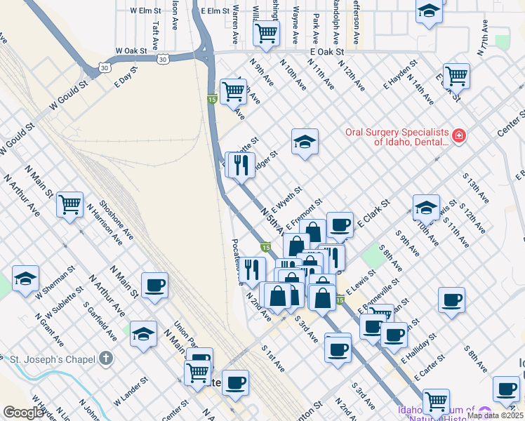 map of restaurants, bars, coffee shops, grocery stores, and more near 540 North 5th Avenue in Pocatello