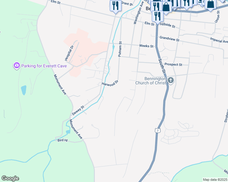 map of restaurants, bars, coffee shops, grocery stores, and more near 2 Blackberry Lane in Bennington