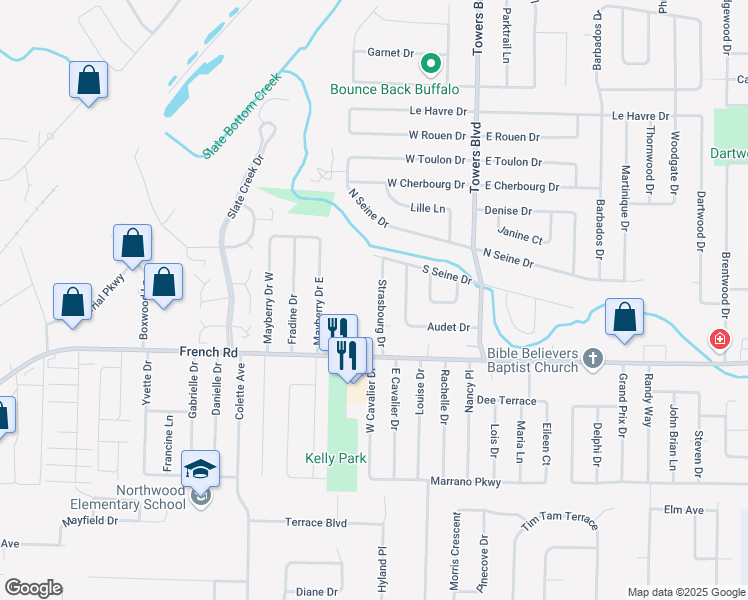 map of restaurants, bars, coffee shops, grocery stores, and more near 53 Strasbourg Drive in Buffalo