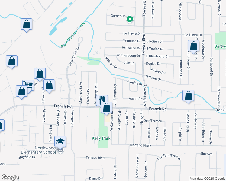 map of restaurants, bars, coffee shops, grocery stores, and more near 53 Strasbourg Drive in Buffalo
