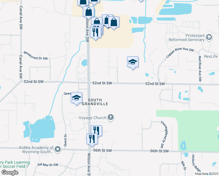 map of restaurants, bars, coffee shops, grocery stores, and more near 3852 52nd St SW in Wyoming