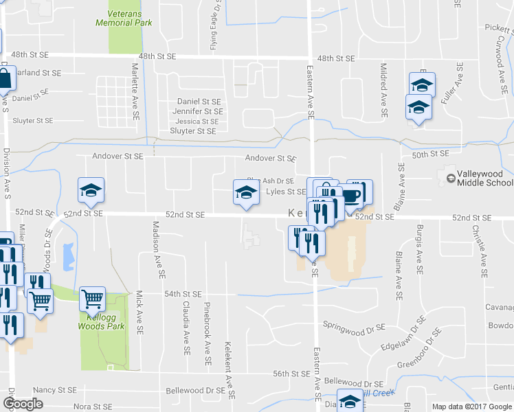 map of restaurants, bars, coffee shops, grocery stores, and more near 641 52nd Street Southeast in Grand Rapids