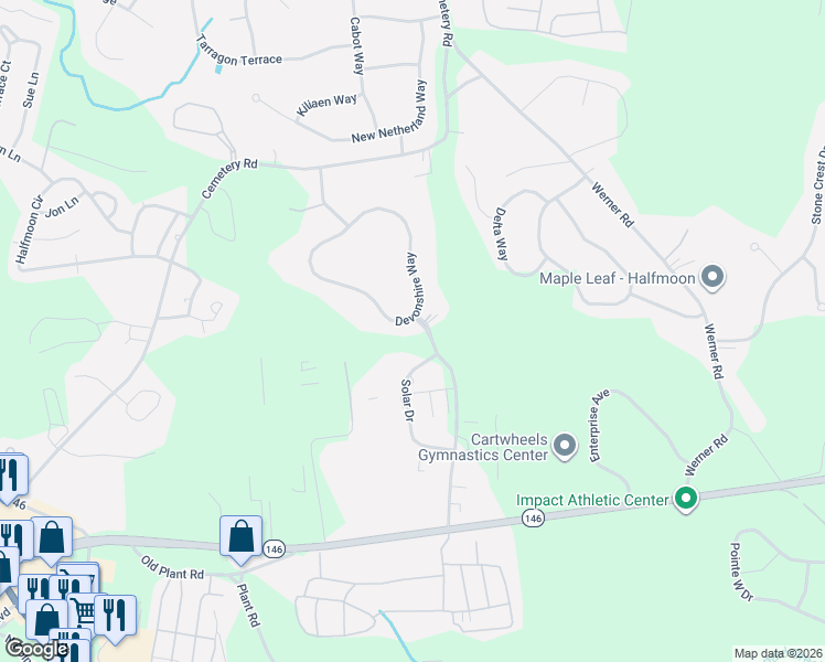 map of restaurants, bars, coffee shops, grocery stores, and more near 1 Devonshire Way in Saratoga County
