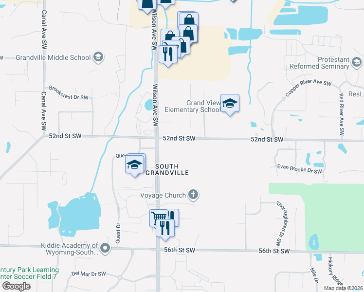 map of restaurants, bars, coffee shops, grocery stores, and more near 3852 52nd Street Southwest in Wyoming
