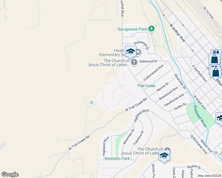 map of restaurants, bars, coffee shops, grocery stores, and more near 1400 De Salle Court in Pocatello