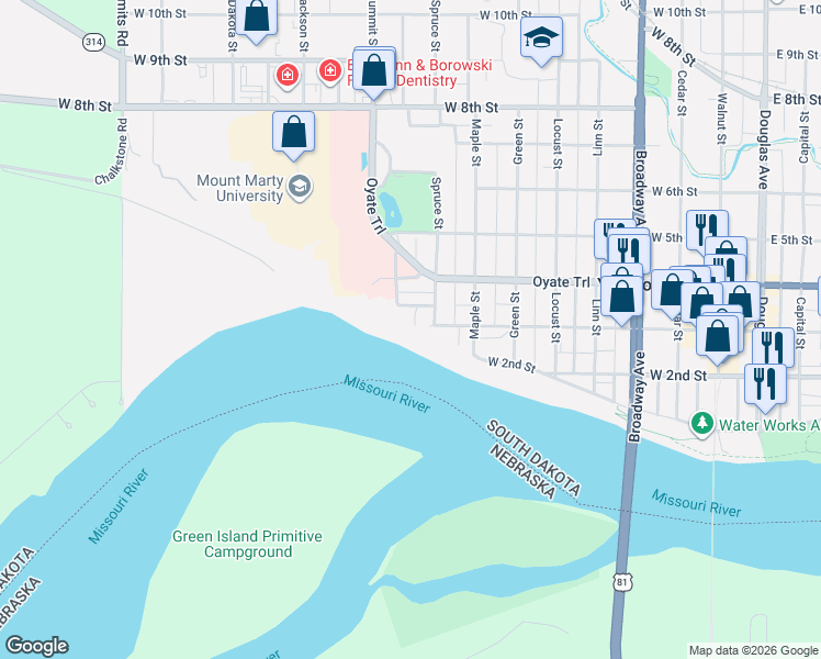 map of restaurants, bars, coffee shops, grocery stores, and more near 301 Spruce Street in Yankton