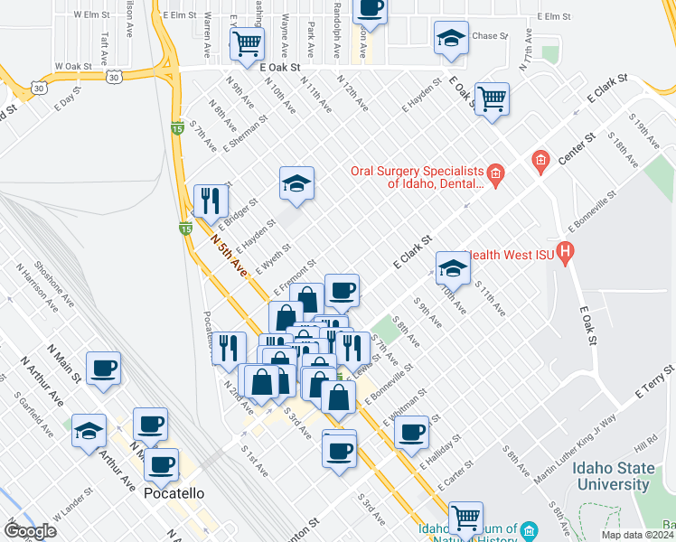 map of restaurants, bars, coffee shops, grocery stores, and more near 828 East Lander Street in Pocatello
