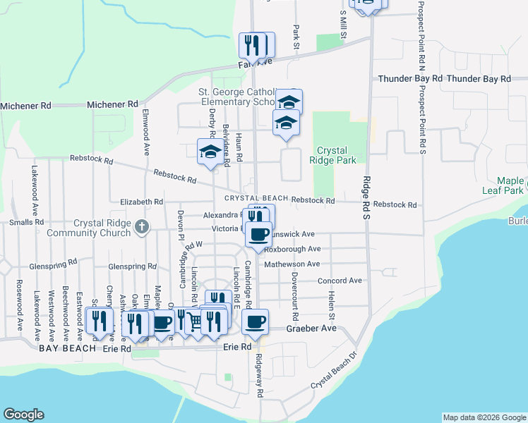 map of restaurants, bars, coffee shops, grocery stores, and more near 210 Ridgeway Road in Fort Erie