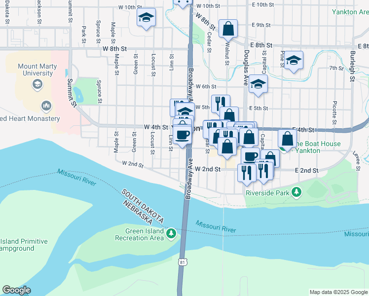 map of restaurants, bars, coffee shops, grocery stores, and more near 408 West 3rd Street in Yankton