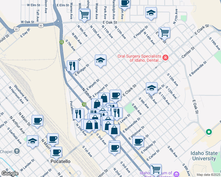 map of restaurants, bars, coffee shops, grocery stores, and more near 332 North 7th Avenue in Pocatello