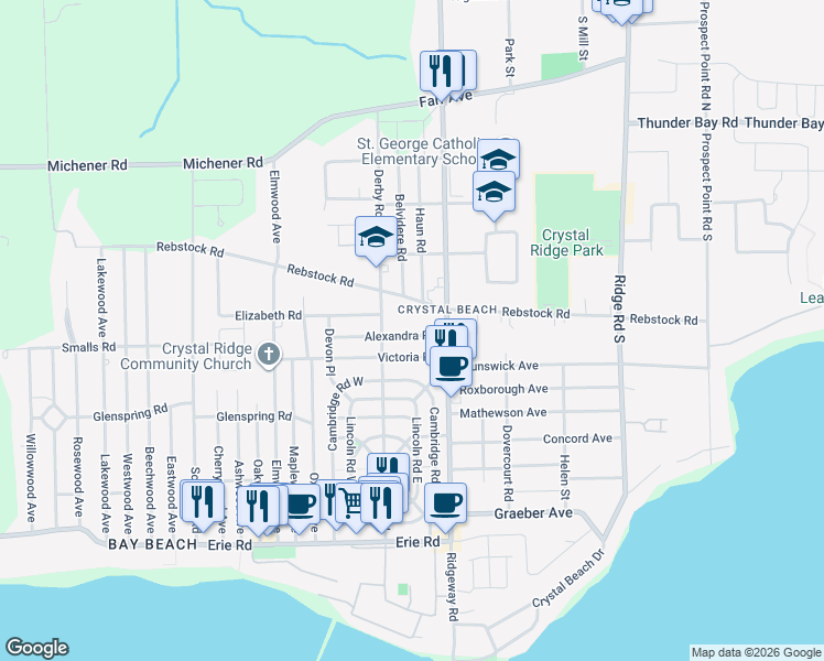 map of restaurants, bars, coffee shops, grocery stores, and more near 3913 Alexandra Road in Fort Erie