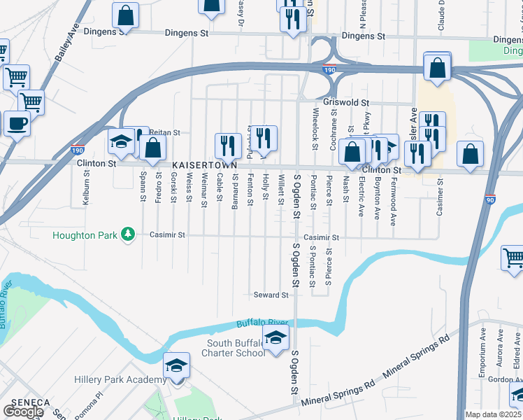 map of restaurants, bars, coffee shops, grocery stores, and more near 270 Holly Street in Buffalo