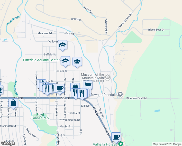 map of restaurants, bars, coffee shops, grocery stores, and more near 399 Faler Ave in Pinedale