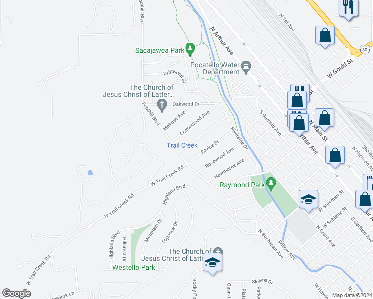 map of restaurants, bars, coffee shops, grocery stores, and more near 231 Maplewood Avenue in Pocatello