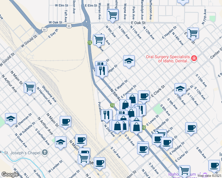 map of restaurants, bars, coffee shops, grocery stores, and more near 540 North 5th Avenue in Pocatello