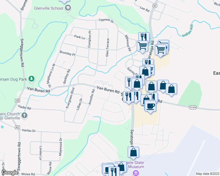 map of restaurants, bars, coffee shops, grocery stores, and more near 34 Van Buren Road in Schenectady