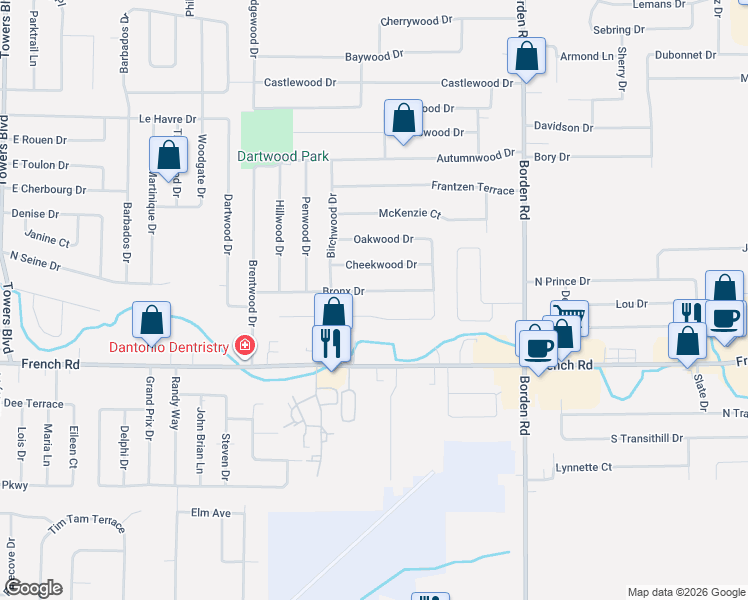 map of restaurants, bars, coffee shops, grocery stores, and more near 107 Bronx Drive in Buffalo