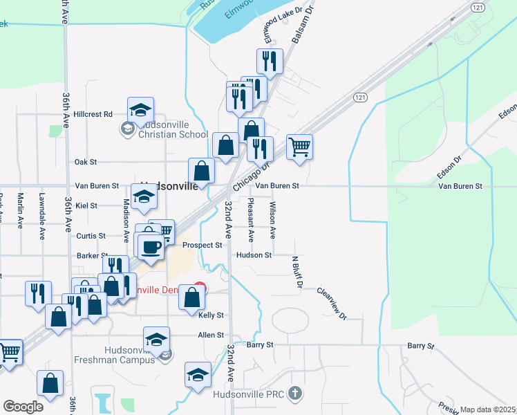 map of restaurants, bars, coffee shops, grocery stores, and more near 5559 Pleasant Avenue in Hudsonville