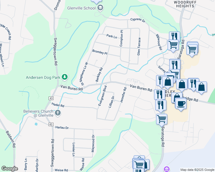 map of restaurants, bars, coffee shops, grocery stores, and more near 1 Evergreen Boulevard in Schenectady