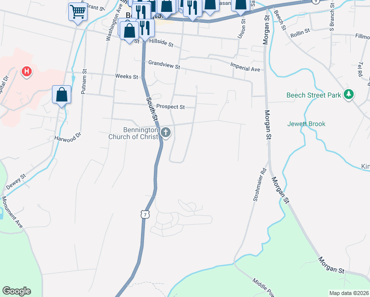 map of restaurants, bars, coffee shops, grocery stores, and more near 142 Pine Circle East in Bennington